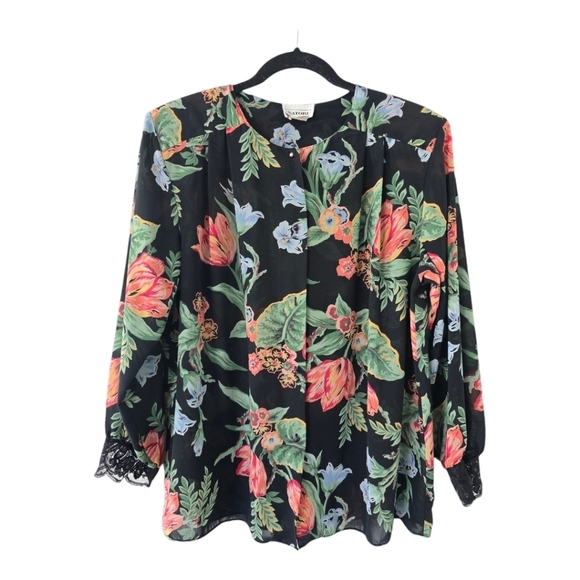 Vintage Natori Padded Blouse Women M Floral Colorful Print Lace Fairy Grunge - Picture 1 of 13